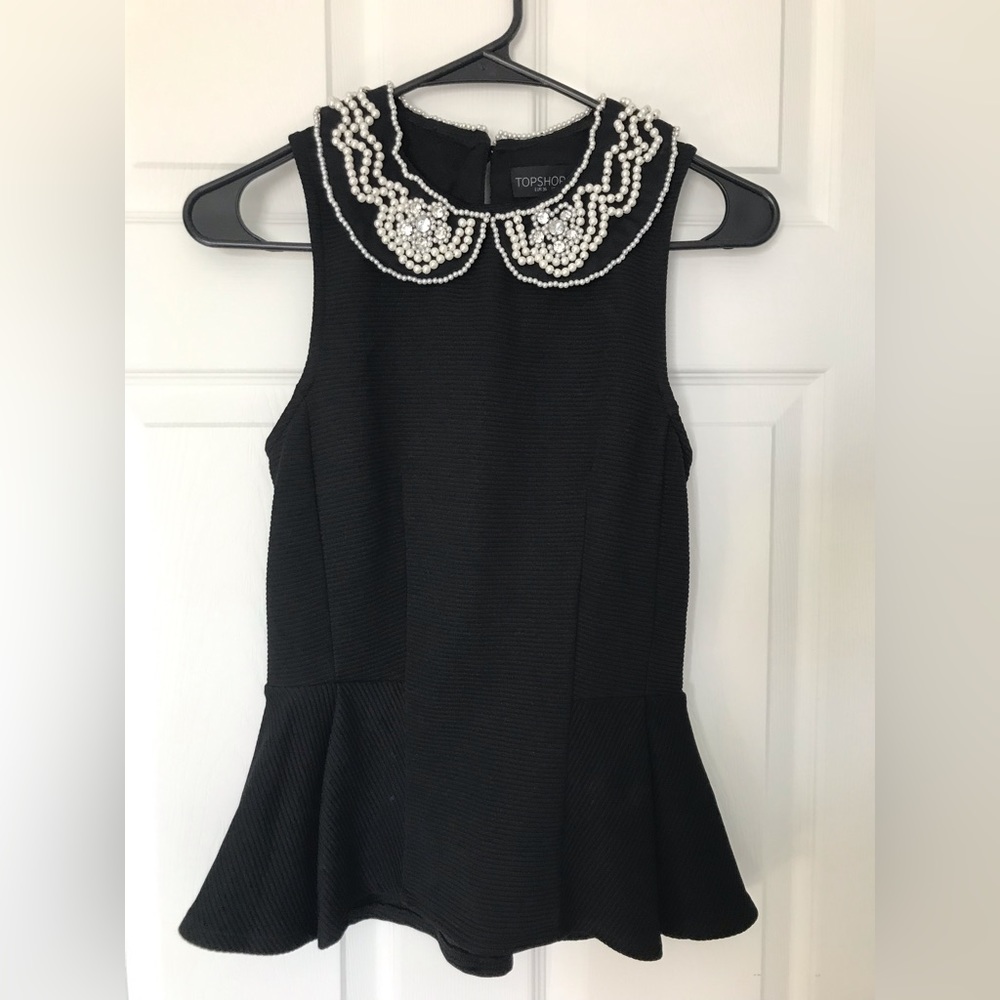 Topshop Peplum Jeweled Peter Pan Collar Top Size US 4 Tall